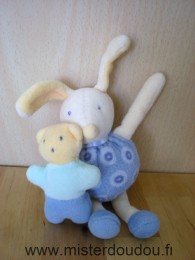 Doudou Lapin Moulin roty Bleu beige jaune Attache velcro dans le dos