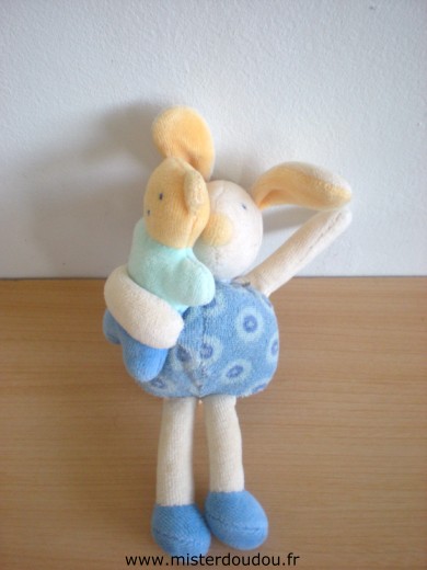 Doudou Lapin Moulin roty Bleu jaune Attache avec scratch dans son dos