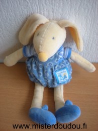 Doudou Lapin Moulin roty Lise et lulu , lulu bleu jaune 
