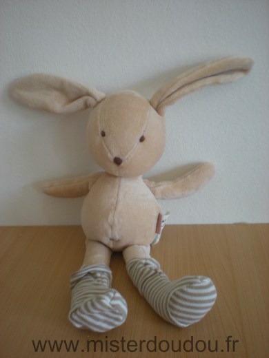 Doudou Lapin Natalys Beige chaussettes rayees blanc beige 