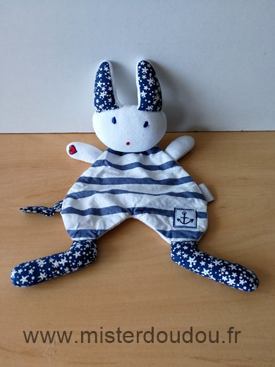 Doudou Lapin Natalys Blanc bleu marin ancre 