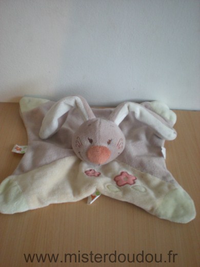 Doudou Lapin Nattou Beige jaune fleurs roses 