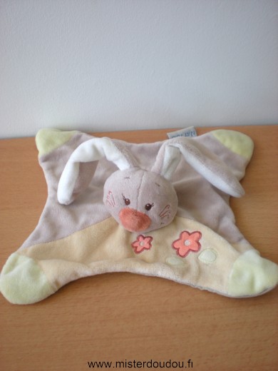 Doudou Lapin Nattou Marron beige fleurs roses 