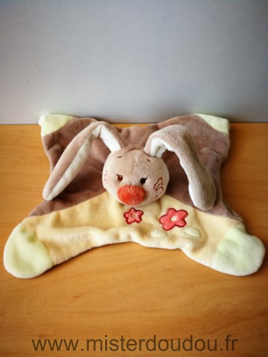 Doudou Lapin Nattou Marron beige jaune fleurs 