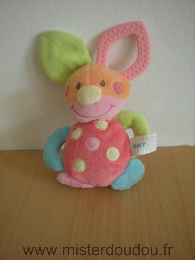 Doudou Lapin Nattou Rose vert bleu oreille en anneau dentaire 