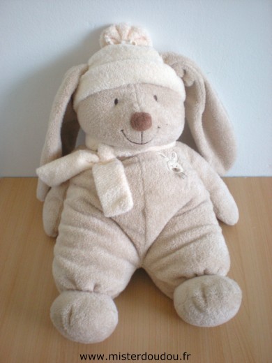 Doudou Lapin Nicotoy Beige aveec tête de lapin brodée écharpe écrue bonnet écru Grand modèle