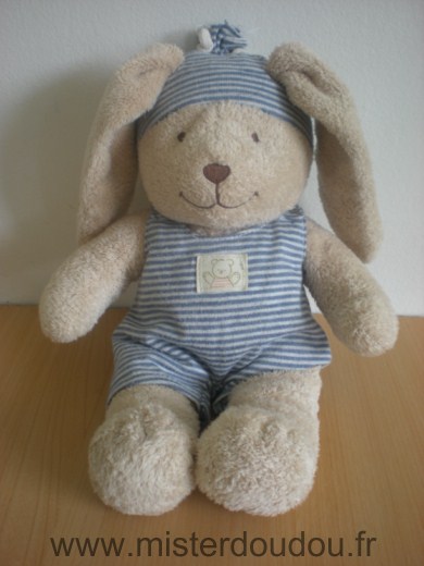 Doudou Lapin Nicotoy Beige habit bleu raye blanc 