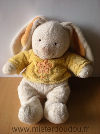 Doudou Lapin Nicotoy Beige pull jaune fleur 