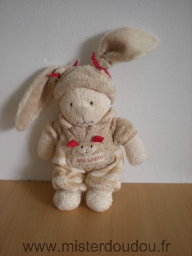 Doudou Lapin Nicotoy Beige rubans rouges mon lapin 