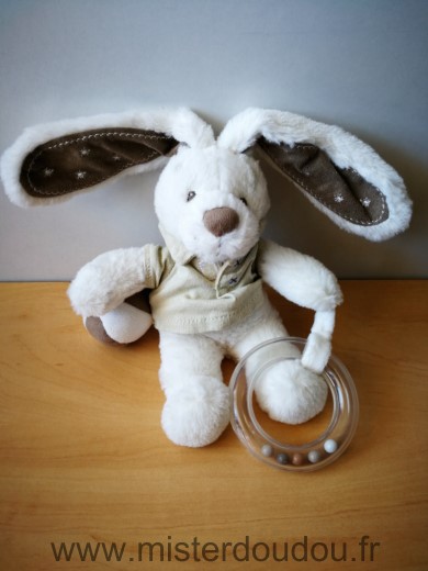 Doudou Lapin Nicotoy Blanc beige balle anneau 