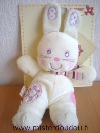 Doudou Lapin Nicotoy Blanc écharpe rayée rose violet vert 