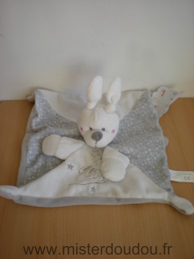 Doudou Lapin Nicotoy Blanc gris motifs etoiles lapin 