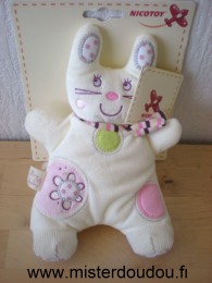 Doudou Lapin Nicotoy Blanc rond rose vert 