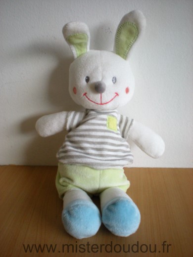 Doudou Lapin Nicotoy Blanc vert rayures grises 