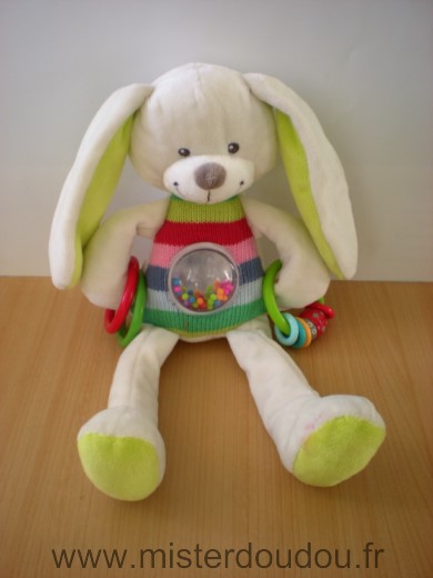 Doudou Lapin Nicotoy Blanc vert tricot rayé activités anneaux billes 