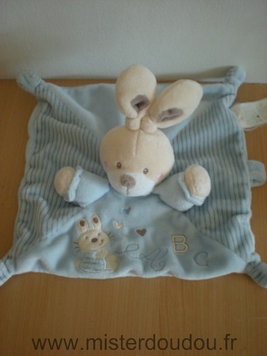 Doudou Lapin Nicotoy Bleu ecru motif lapin a b c 