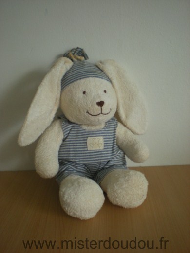 Doudou Lapin Nicotoy Ecru avec salopette rayée bleu et blanc 