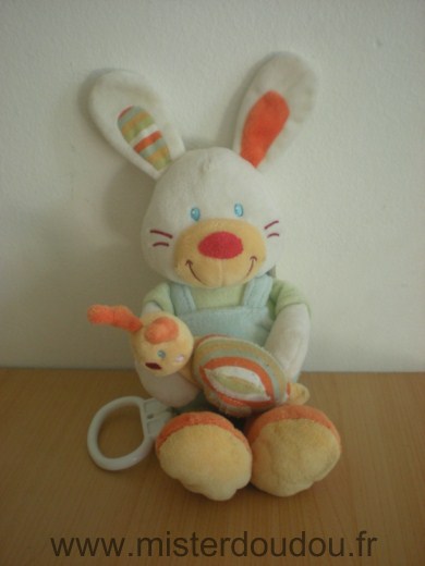 Doudou Lapin Nicotoy Lapin musical bleu vert jambes rayées tenant escargot 
