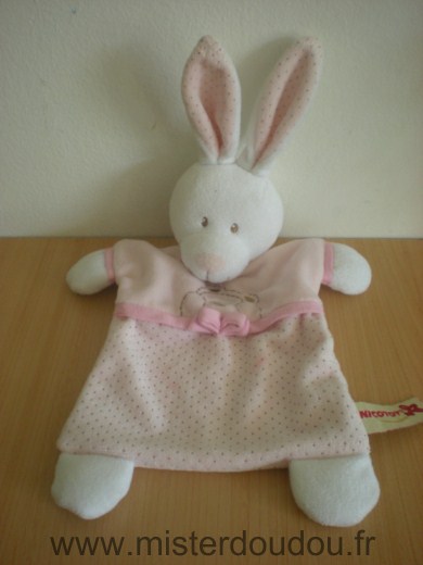 Doudou Lapin Nicotoy Rose blanc avec brodé tete d'ours papillon 