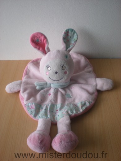 Doudou Lapin Nicotoy Rose bleu turquoise avec oiseau brodé 