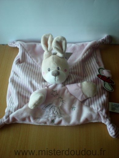 Doudou Lapin Nicotoy Simba rose rayures beiges attache tetine motif lapin 