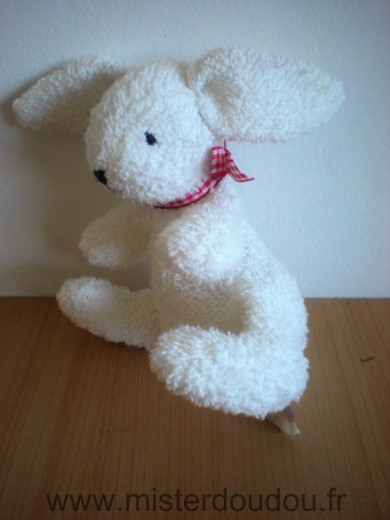 Doudou Lapin Noukie s Blanc tissus eponge ruban rouge blanc 