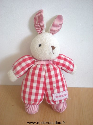 Doudou Lapin Nounours A carreau rouge et blanc Bon état général mais une petite tache devant