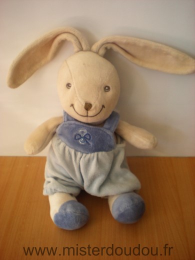 Doudou Lapin Nounours Beige salopette bleue A ete lave plusieurs fois