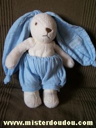 Doudou Lapin Nounours Blanc oreilles bleues short bleu Oreilles et short en tissus lange