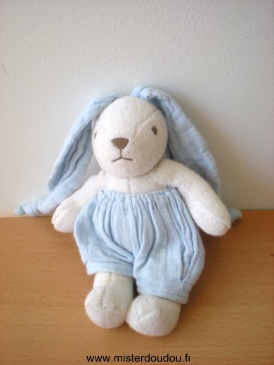 Doudou Lapin Nounours Blanc tissus eponge lange bleu 