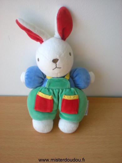 Doudou Lapin Nounours Bleu blanc rouge salopette verte 