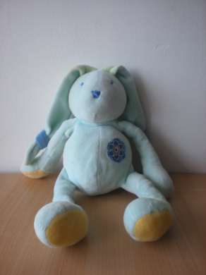 Doudou Lapin Nounours Bleu interrieur oreilles vert,  fleur sur la poitrine 