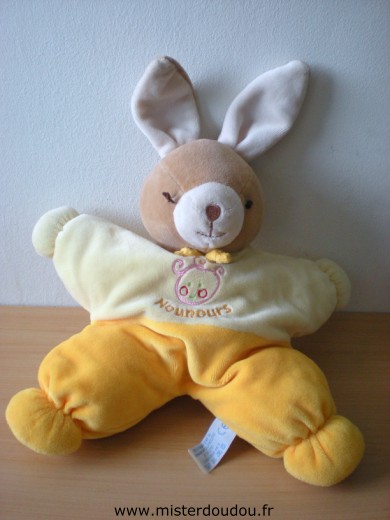 Doudou Lapin Nounours Jaune avec tête de petite fille brodé , nounours Un oeil est un peu décousu