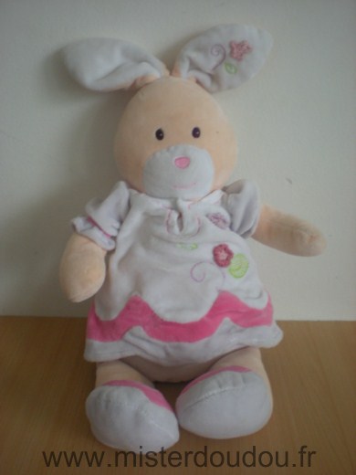 Doudou Lapin Nounours Jaune blanc robe blanche rose 