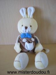 Doudou Lapin Nounours Jaune salopette marron noeud bleu 