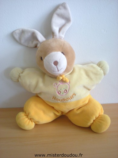 Doudou Lapin Nounours Jaune vert avec brodé une tête de bébé et nounours 