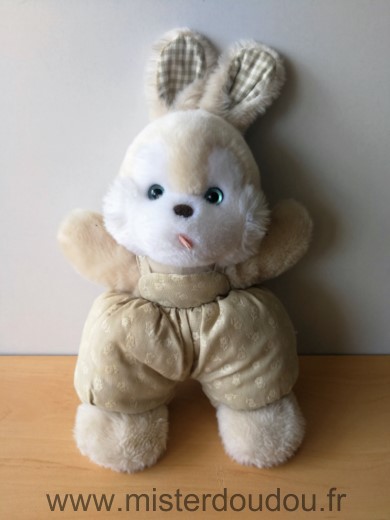 Doudou Lapin Nounours Peluche blanc marron salopette 