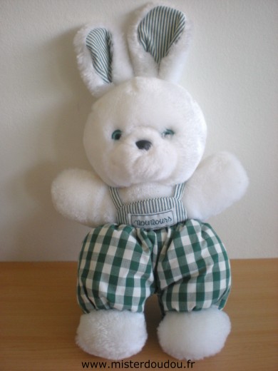 Doudou Lapin Nounours Peluche blanche, salopette verte yeux bleux 