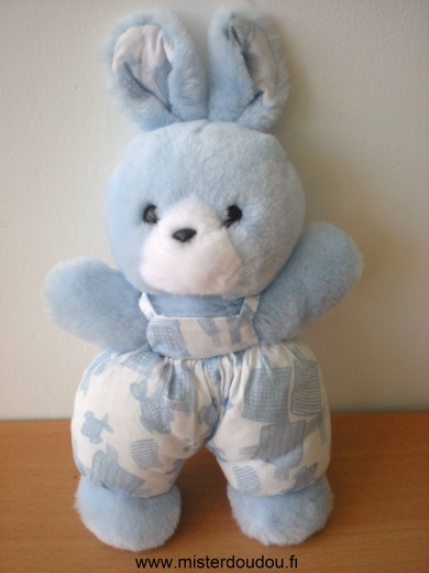 Doudou Lapin Nounours Peluche bleu salopette tissus bleu blanc 