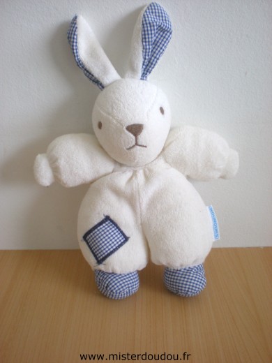 Doudou Lapin Nounours Tissus eponge blanc et tissus vicy bleu 