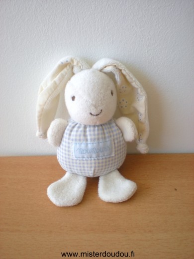 Doudou Lapin Nounours Tissus eponge ecru vichy bleu interieur des oreilles roses points bleus 