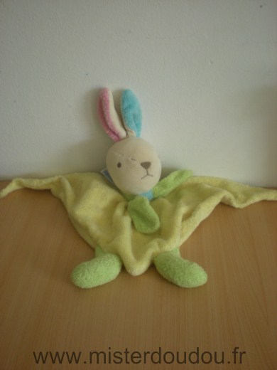 Doudou Lapin Nounours Triange jaune vert bleu 