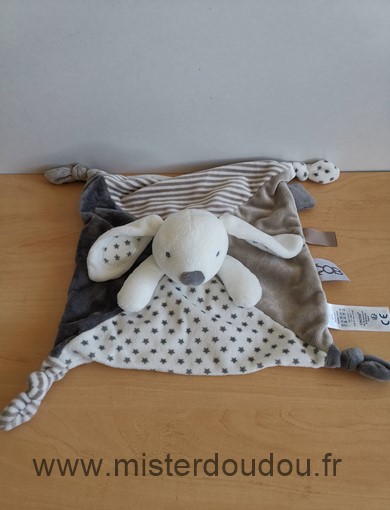 Doudou Lapin Obaibi okaidi Blanc gris beige etoiles 