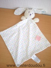 Doudou Lapin Obaibi okaidi Blanc motifs points rose mauve bleu vert fleur feutrine rose 