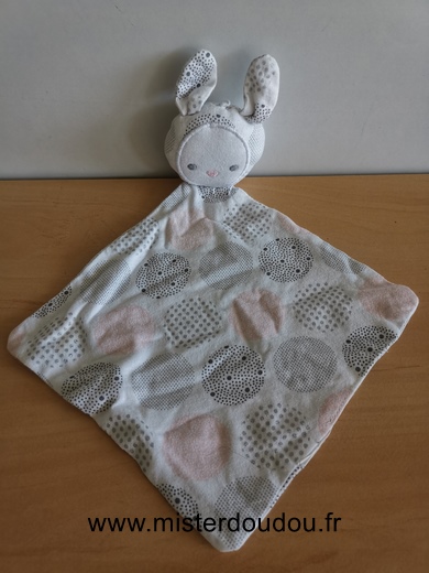 Doudou Lapin Obaibi okaidi Blanc ronds rose gris 