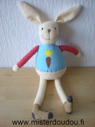 Doudou Lapin Obaibi okaidi Ecru bleu avec une carotte sur le ventre Son ventre fait un bruit de papier