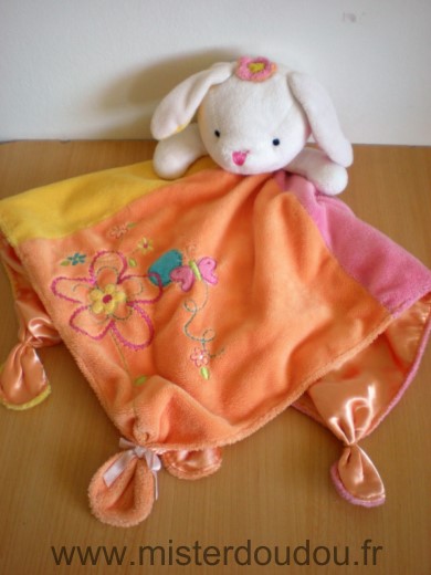 Doudou Lapin Okiedokie Jaune orange rose  fleur papillon dessous satin orange 