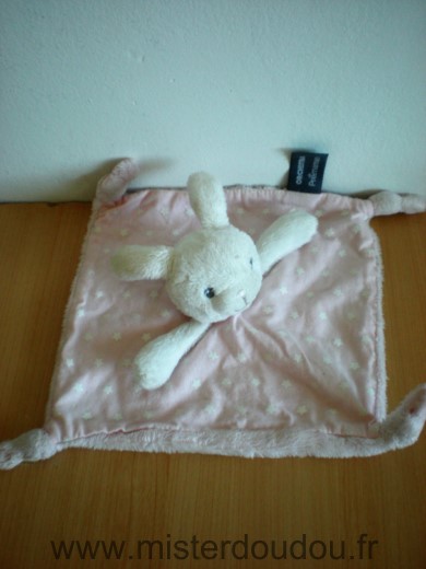 Doudou Lapin Orchestra Premaman tissus rose etoiles blanches velours rose dessous 