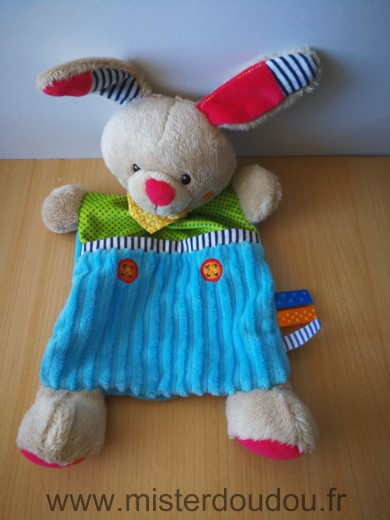 Doudou Lapin Ouatoo Bleu vert rouge foulard jaune 