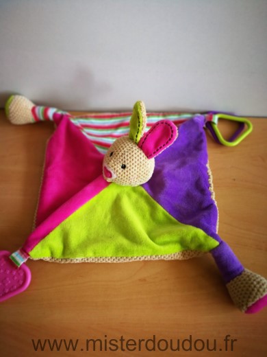 Doudou Lapin Ouatoo Rose vert violet anneaux dentaire 